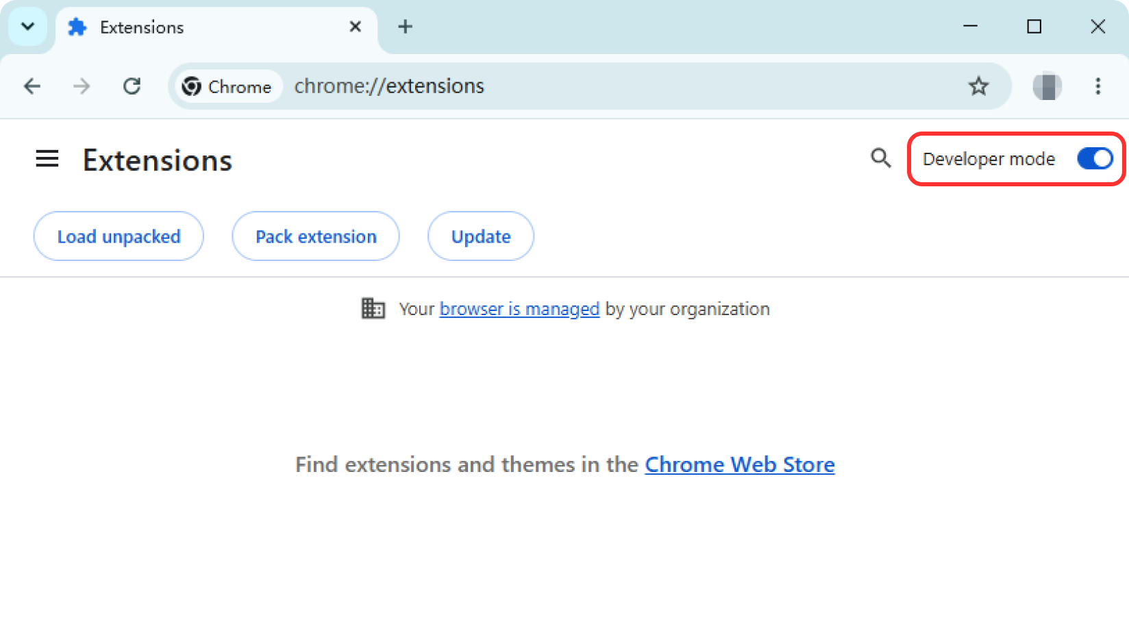 Chrome Developer mode toggle highlighted at the top-right corner