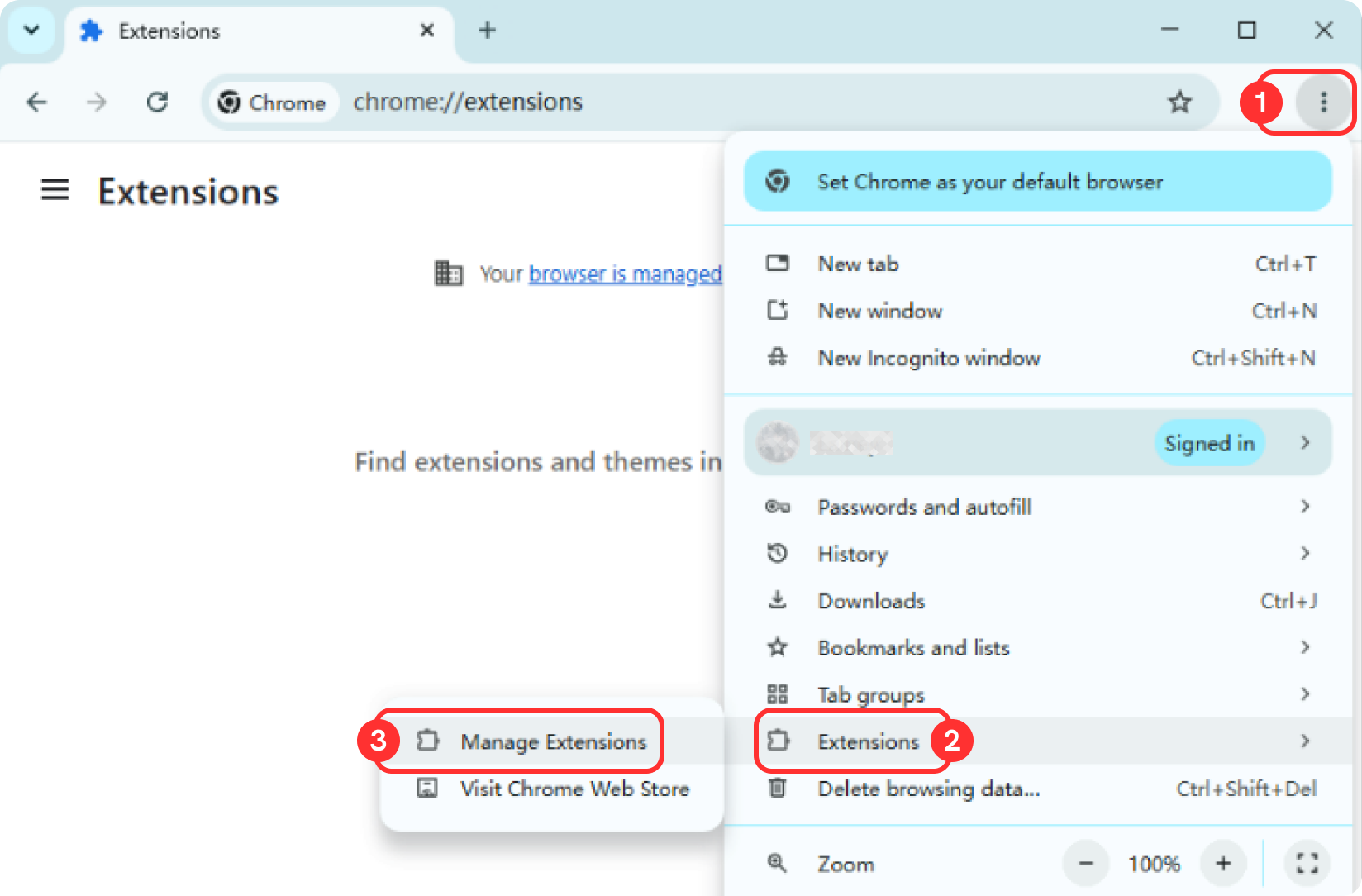 Chrome menu showing steps to open Manage Extensions