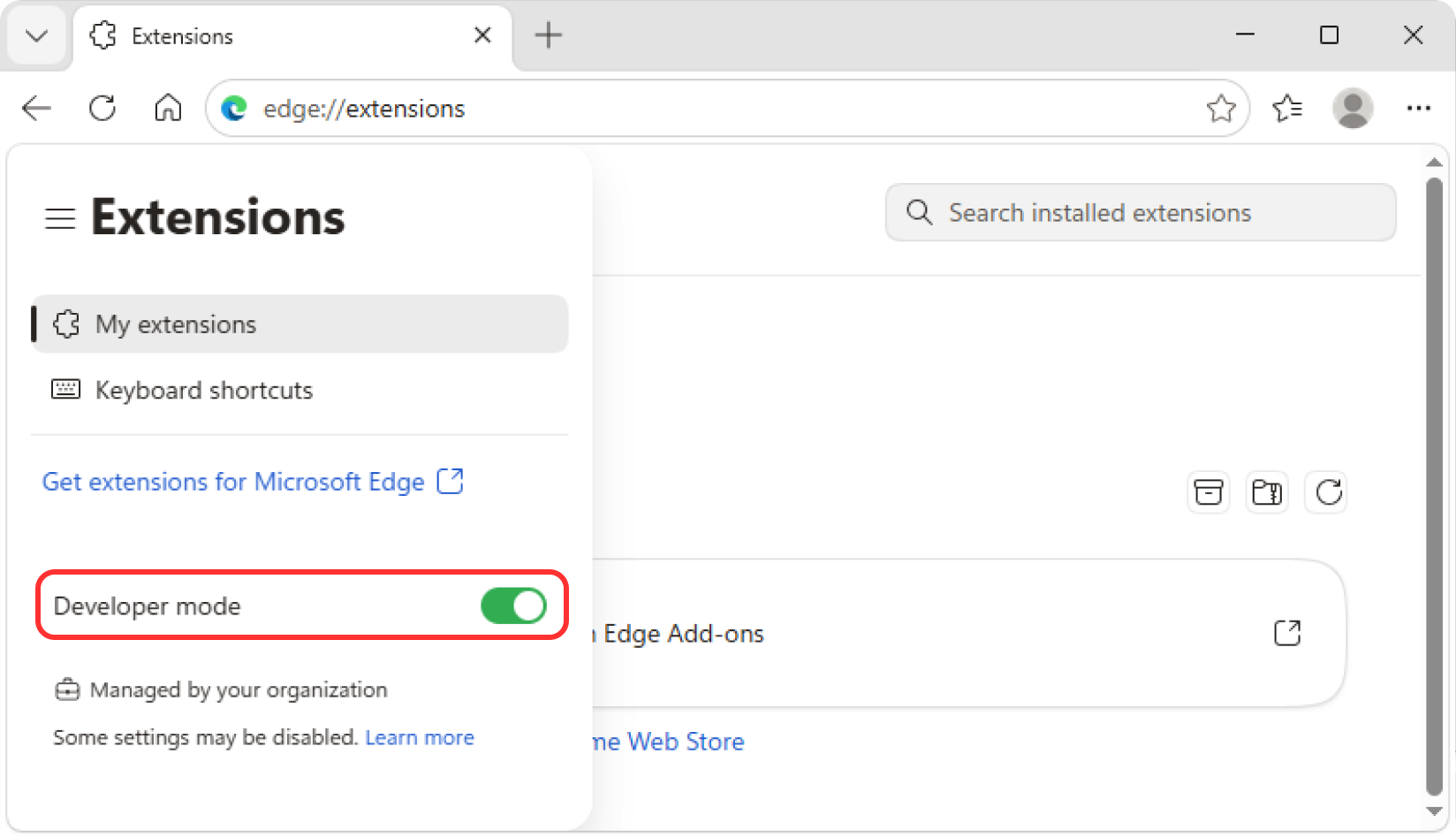 Microsoft Edge Developer mode toggle highlighted in the left navigation pane
