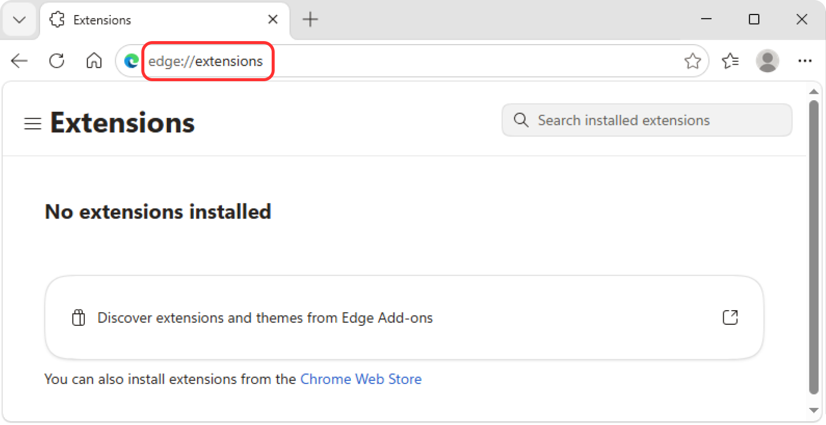 Microsoft Edge extensions page opened from the address bar