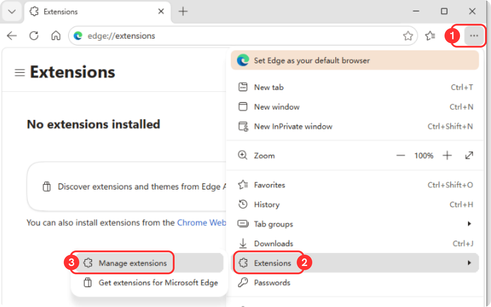 Microsoft Edge menu showing steps to open Manage Extensions