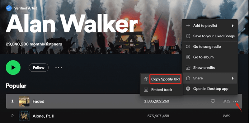 copy spotify song url